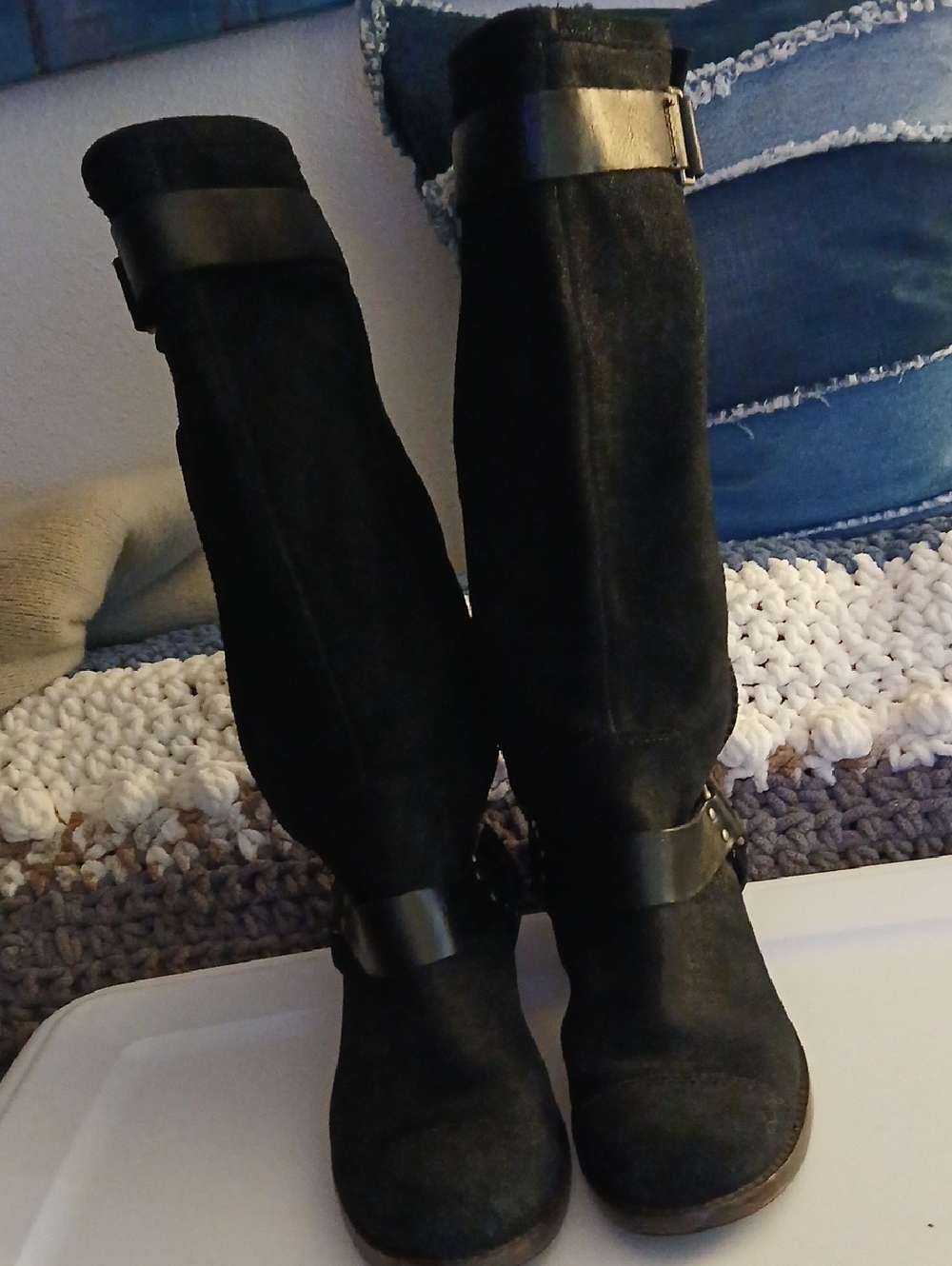 UGG Black Suede Knee-High Heeled Boots with Buckle Accent